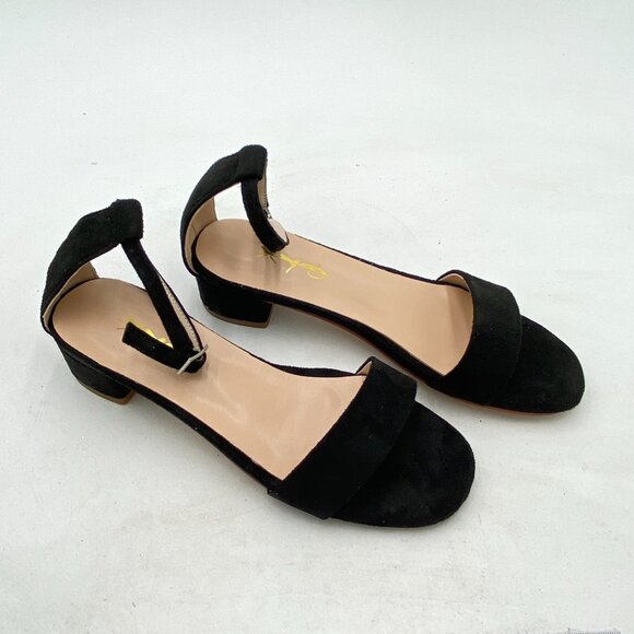 XYD Black Suede Open Toe Ankle Strap Buckled Low Chunky Heel Sandal - Picture 4 of 8